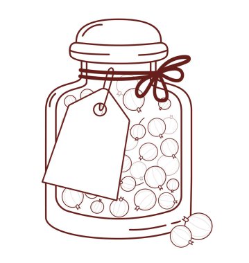Ana hatlarıyla Böğürtlen Reçeli. Boş etiketli ev yapımı cam kavanoz. Çizgi çizimi, boyama sayfası. Vektör İllüstrasyonu