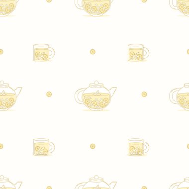 Limonata Limonata Kusursuz Şablon. Limon, nane ve buz küpleriyle yaz içeceği çaydanlığı ve kupayı hafif arka planda tazeliyorum. Vektör İllüstrasyonu