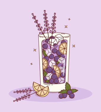 Frenk üzümlü, buzlu, dutlu, lavantalı ve turunculu yaz mor içeceği. Highball Glass 'ta elle yapılmış Cottagecore marka botanik limonatayı tazeliyorum. Vektör İllüstrasyonu