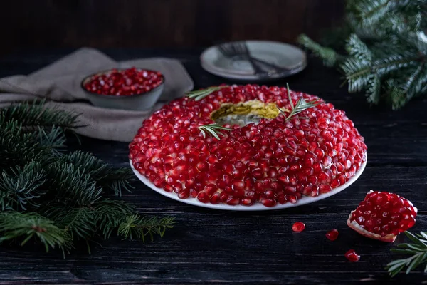 New Year Puff Salad Pomegranate — Stock Photo, Image