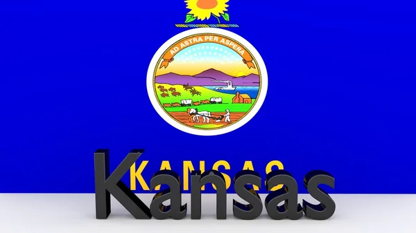 Estado americano Kansas, nome de metal na frente da bandeira — Fotografia de Stock