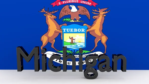 Nas stanu Michigan, metalowe wymienić wobec flaga — Zdjęcie stockowe