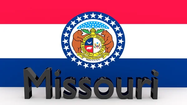 Estado de Missouri, nombre metálico frente a la bandera Imagen de archivo