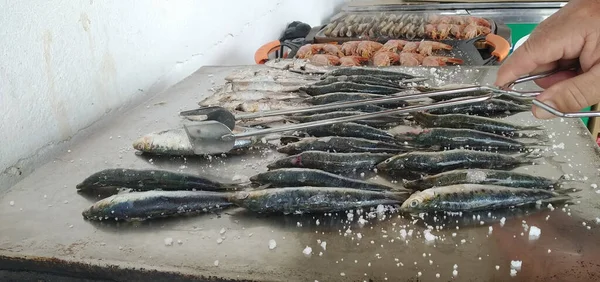İspanya 'da sıcak yaz mevsiminde sardalya, karides ve jilet ızgara ediliyor. Kerevit langoustine ustura kabuğu.