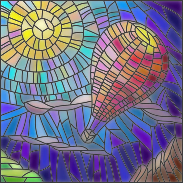 Illustration in Glasmalerei Heißluftballon auf Himmelshintergrund und Sonne — Stockvektor