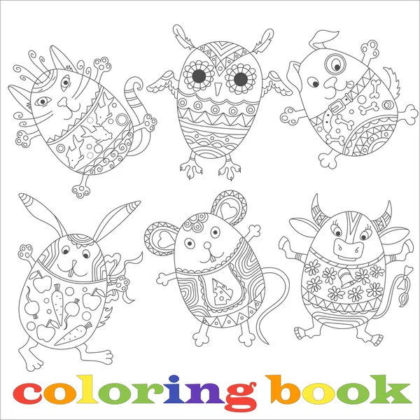 Een aantal contouren Easter eggs in de vorm van dieren, kleurplaten van boek — Stockvector