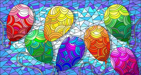 Ilustración de vidrieras con globos brillantes de colores contra el cielo — Vector de stock