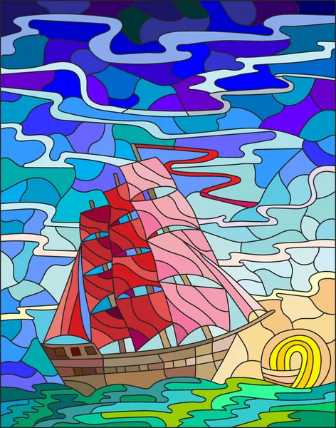 Illustration im Glasmalereistil mit dem Segelboot gegen den Himmel, das Meer und die untergehende Sonne — Stockvektor