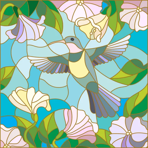 Ilustración en estilo vidriera con colorido colibrí sobre fondo del cielo, vegetación y flores — Vector de stock