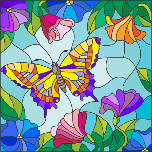 Illustration in stained glass style with bright butterfly against the sky, foliage and flowers — Stock Vector