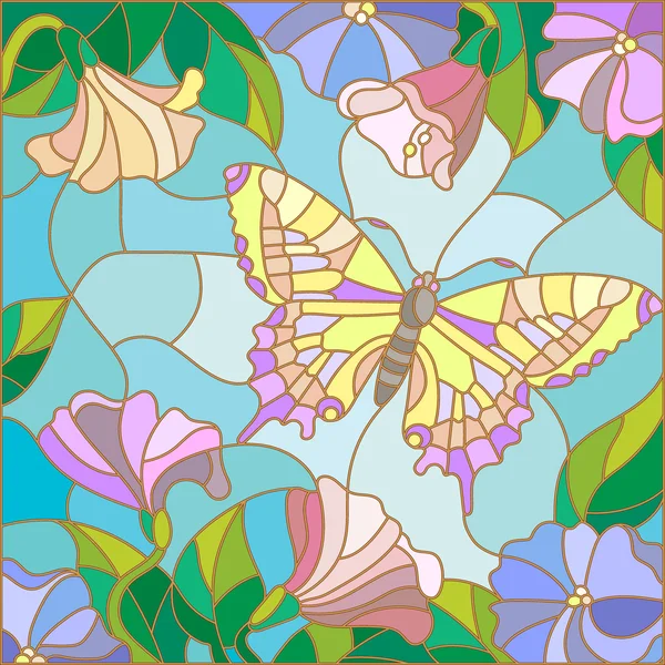 Ilustración en estilo vidriera con mariposa brillante contra el cielo, follaje y flores — Vector de stock