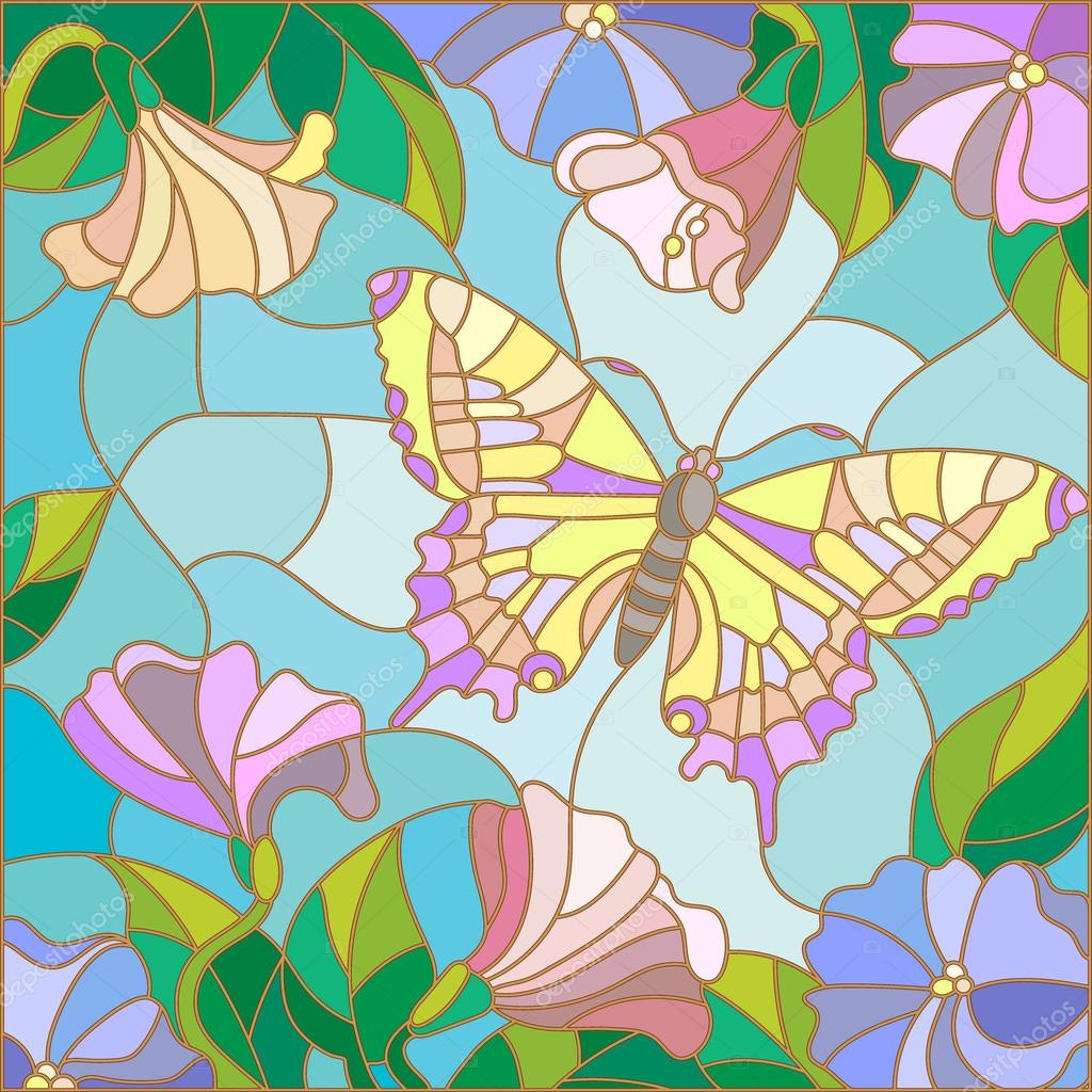 Illustration In Stained Glass Style With Bright Butterfly Against The Sky Foliage And Flowers Vector Image By C Zagory Vector Stock