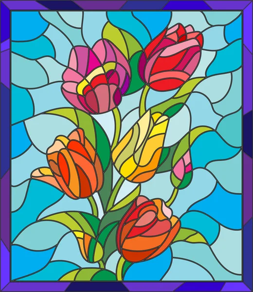 Ilustración en estilo vitral con tulipanes, brotes y hojas sobre fondo azul — Vector de stock