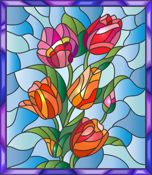 Иллюстрация в витражном стиле с тюльпанами, бутонами и листьями на синем фоне — стоковый вектор