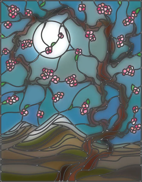 Illustration im Glasmalereistil mit den Kirschblüten auf einem Hintergrund von Bergen, Himmel und Mond — Stockvektor
