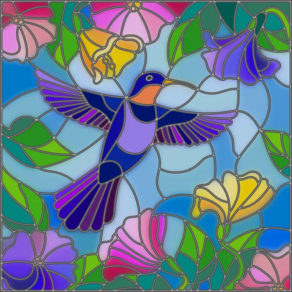 Ilustración en estilo vidriera con colorido colibrí sobre fondo del cielo, vegetación y flores — Archivo Imágenes Vectoriales