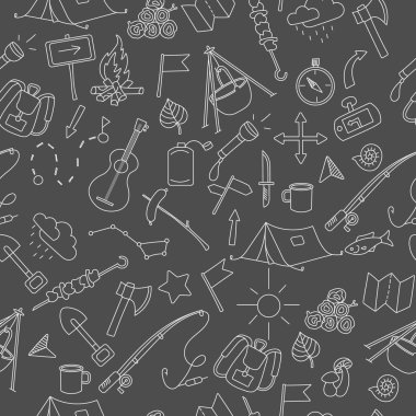 Kamp ve seyahat, tema üzerinde çizilmiş basit simgelerle sorunsuz arka plan siyah arka plan üzerine ışık dağılımı