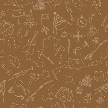 Kamp ve seyahat, tema üzerinde çizilmiş basit simgelerle sorunsuz arka plan kahverengi zemin üzerine ışık dağılımı