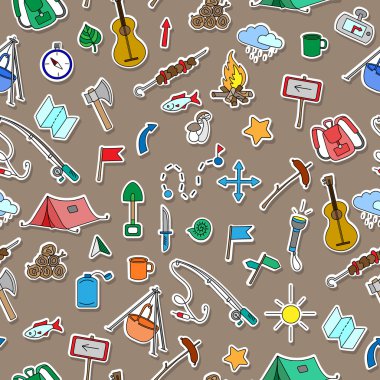 Konulu kamp ve seyahat, kahverengi arka plan üzerinde renkli çıkartmalar çizilmiş basit simgelerle sorunsuz arka plan