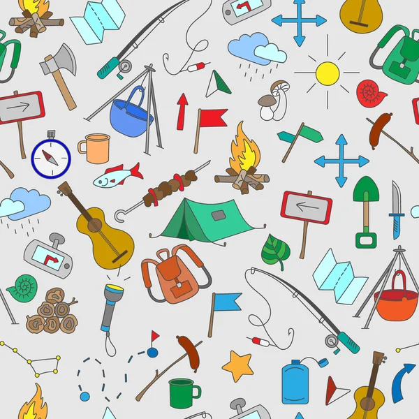Fundo sem costura com ícones desenhados à mão simples sobre o tema de camping e viagens, ícones coloridos no fundo branco — Vetor de Stock