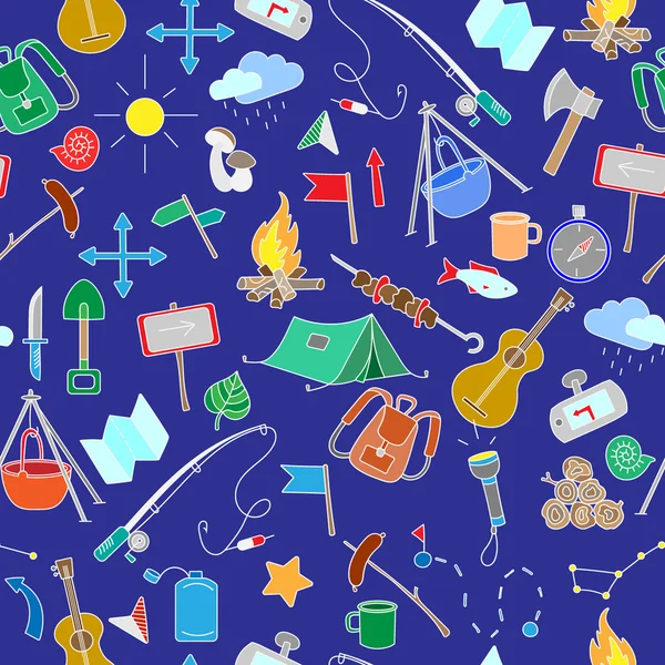 Fundo sem costura com ícones desenhados à mão simples sobre o tema de camping e viagens, ícones coloridos no fundo azul — Vetor de Stock