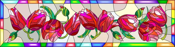 Illustration in stained glass style with tulips, buds and leaves on a blue background — Stock Vector