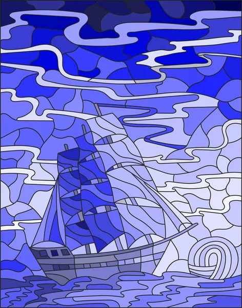 Ilustrasi dalam gaya kaca patri dengan perahu layar melawan langit, laut dan matahari terbit, gamma biru - Stok Vektor
