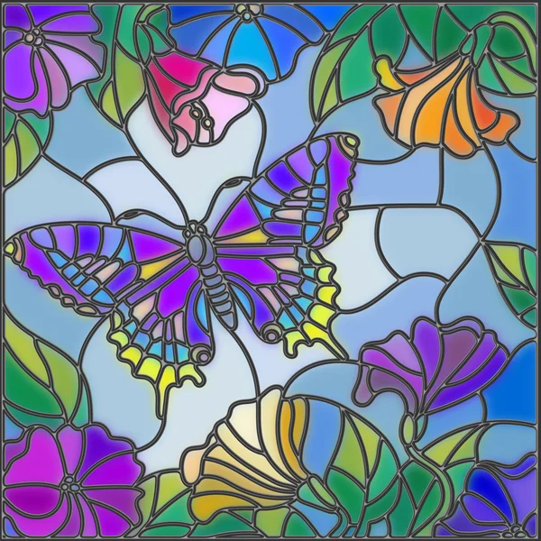 Ilustração em estilo vitral com borboleta brilhante contra o céu, folhagem e flores — Vetor de Stock