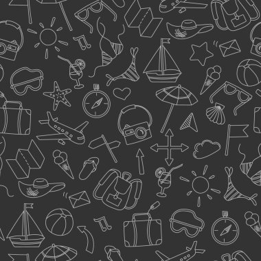 Yaz ve tatil, karanlık bir arka plan üzerinde ışık anahat tema üzerinde çizilmiş basit simgelerle sorunsuz arka plan