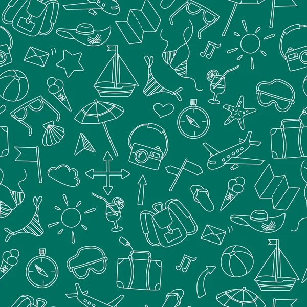 Fond sans couture avec de simples icônes dessinées à la main sur le thème de l'été et des vacances, contour clair sur un fond vert — Image vectorielle