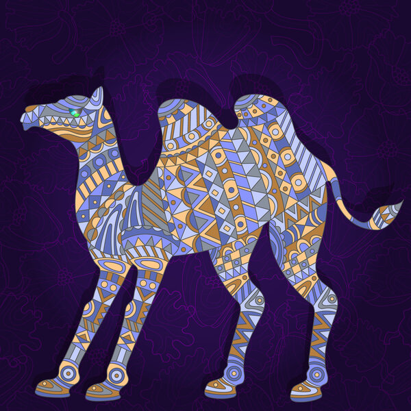 Illustration in ethnic style with a picture of a camel on a dark floral background