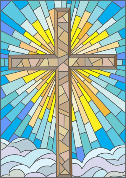 Ілюстрація у вітражному стилі для хреста на фоні неба і хмар — стоковий вектор