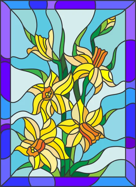 Ilustración en estilo vitral con narcisos sobre fondo azul — Archivo Imágenes Vectoriales