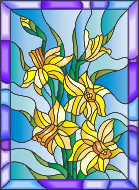 İllüstrasyon mavi zemin üzerine nergis ile vitray tarzında