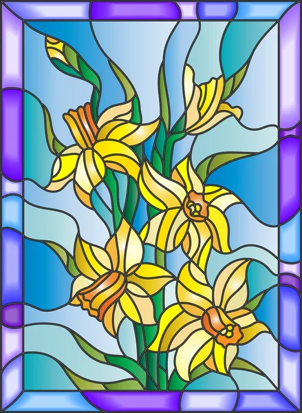 Ilustración en estilo vitral con narcisos sobre fondo azul — Vector de stock