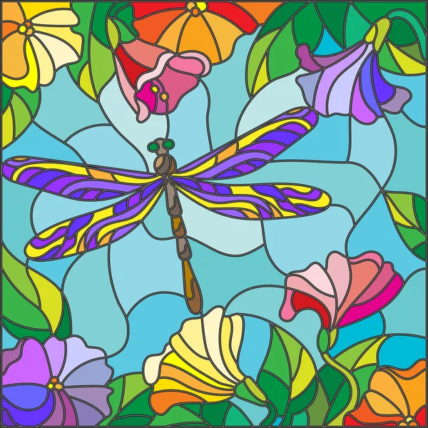 Ilustración en estilo vitral con libélula brillante contra el cielo, follaje y flores — Vector de stock