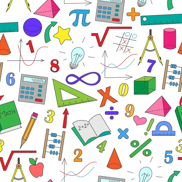 Безшовний фон з формулами та діаграмами на тему математики та освіти, кольорові піктограми на білому тлі — стоковий вектор