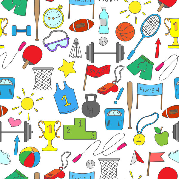 Seamless background on a theme sports and physical development , simple color icons on white background