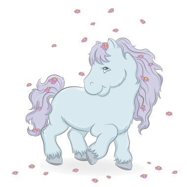 Sevimli bir at ve beyaz zemin üzerine çiçek çizimi