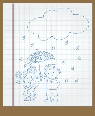 Bir kafes ile bir çocuk ve bir kız ile bir kedi yağmurda defter sayfası