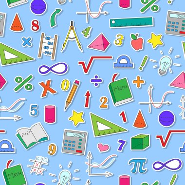 Formüller ve matematik ve eğitim, renk sticers mavi zemin üzerine konu listeleri ile sorunsuz arka plan