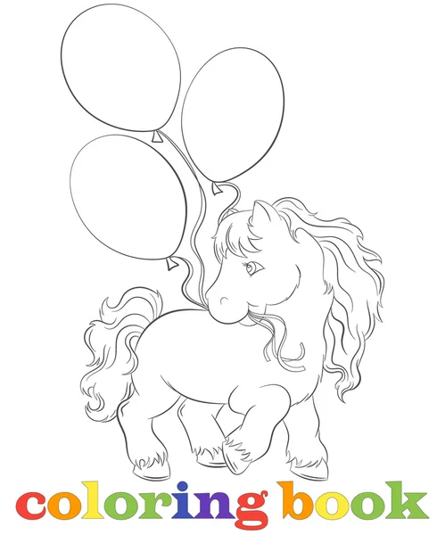 Ilustración de un caballo y globos, contorno sobre fondo blanco, libro para colorear — Vector de stock