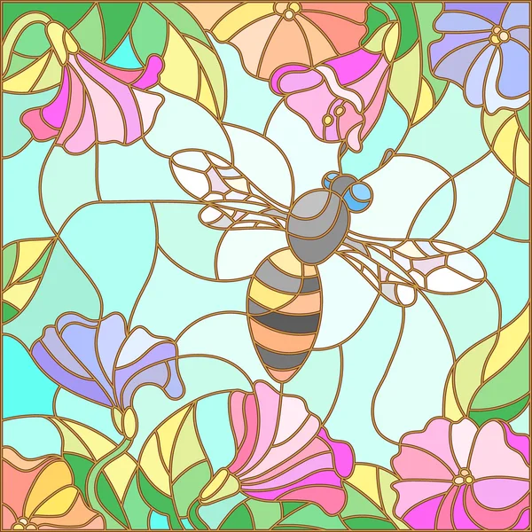 Иллюстрация в витражном стиле с яркой пчелой на фоне неба, листвы и цветов — стоковый вектор