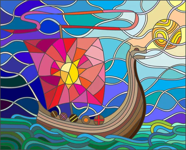 Ilustrace v vitráže stylu se starožitným lodí proti moře, nebe a slunce — Stockový vektor