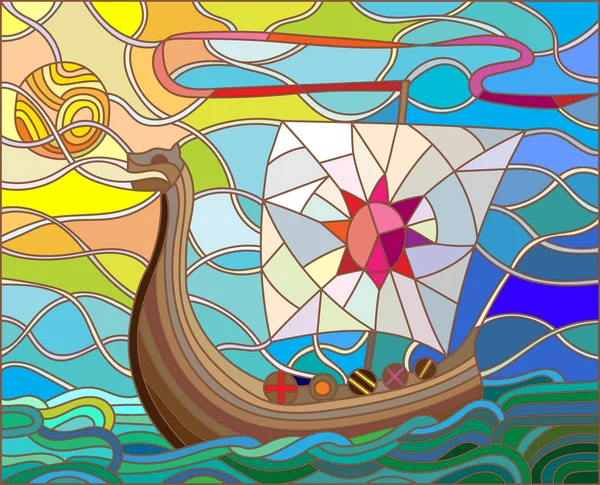 Ilustración en estilo vitral con barco antiguo contra el mar, el cielo y el sol — Vector de stock