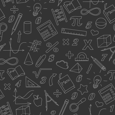 Matematik Tema ve öğrenme, parlak anahat karanlık bir arka plan üzerinde basit simgeler ile sorunsuz arka plan