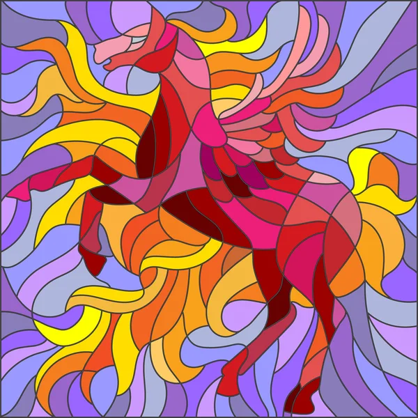 Ilustración en estilo vidriera caballo rojo con alas sobre fondo púrpura — Vector de stock