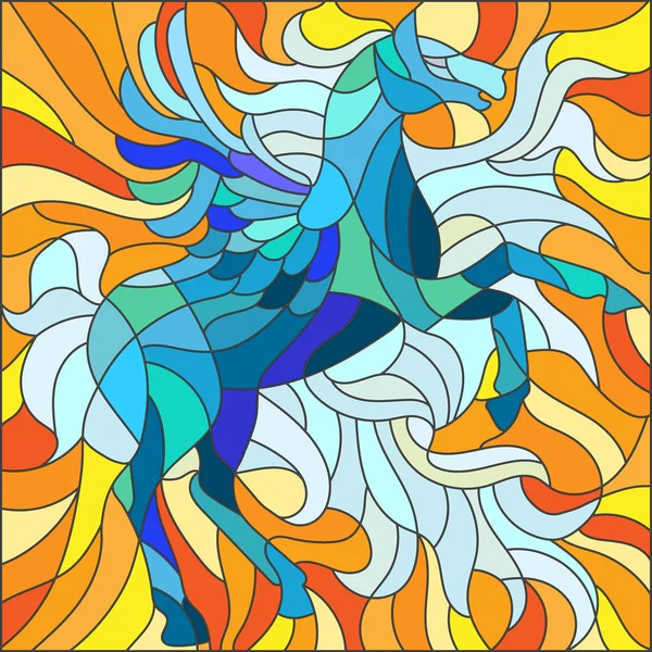 Illustration en vitrail de style cheval bleu avec des ailes sur fond orange — Image vectorielle