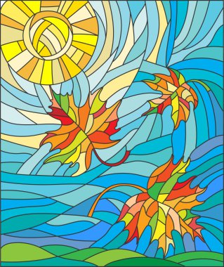 Arka plan gökyüzü ve güneş illüstrasyon vitray tarzı ile akçaağaç yaprakları