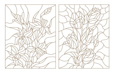 Vitray tarzı, Lale ve Nergis, beyaz bir arka plan üzerinde koyu anahat kontur illüstrasyonlar ayarla